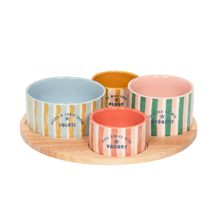 Set apéritif de 4 pièces en porcelaine sur une planche en bois Beach Club Table Passion
