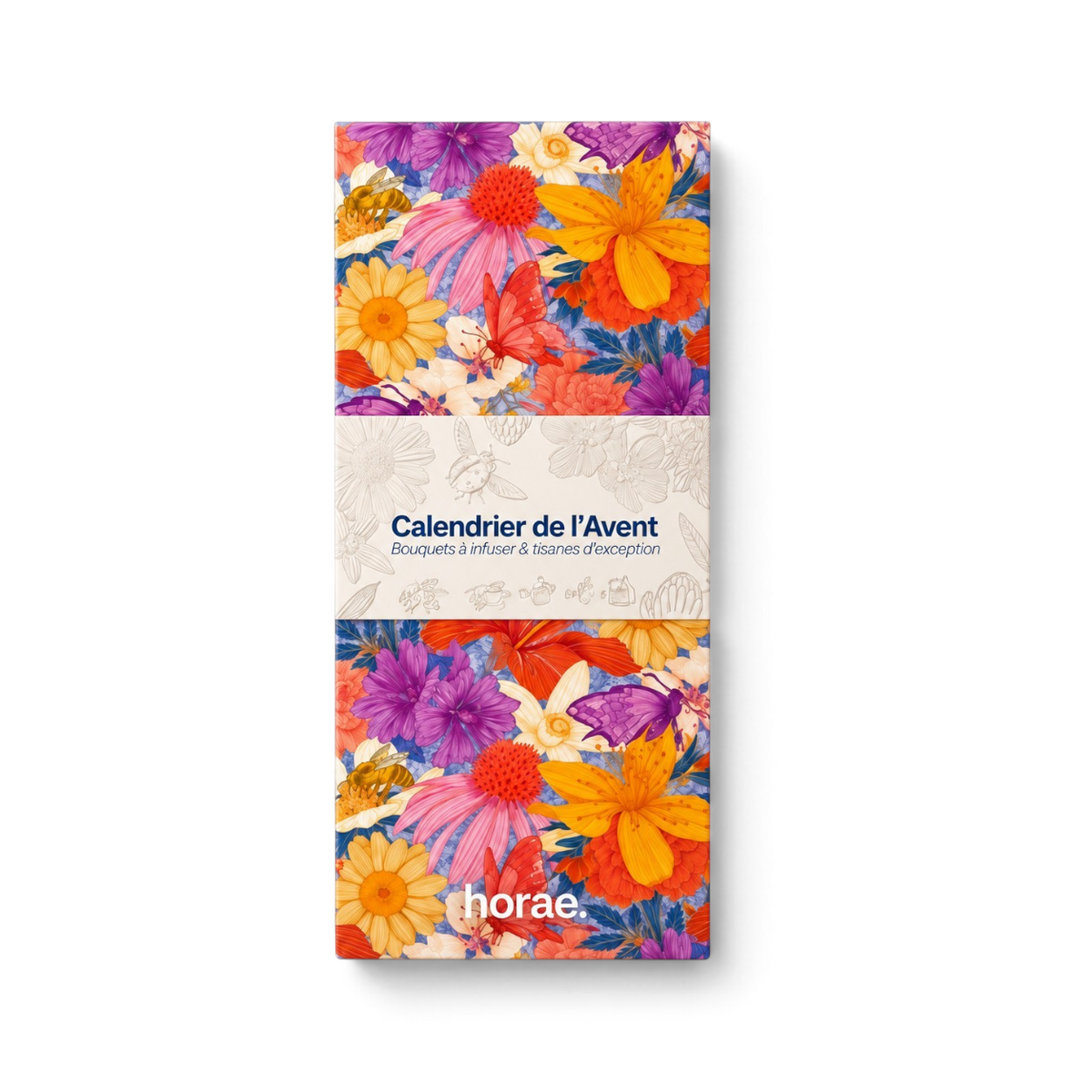 Calendrier de l'Avent bio Horae vendu par Du Bruit dans la Cuisine avec illustrations florales colorées et papillons