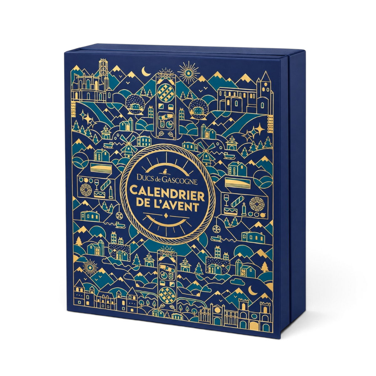 Calendrier de l'Avent gourmand Du Bruit dans la Cuisine avec illustrations dorées sur fond bleu, spécialités du terroir