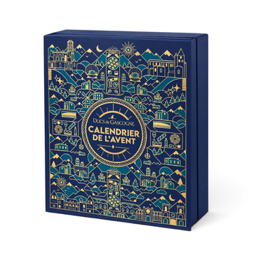 Calendrier de l'Avent gourmand Du Bruit dans la Cuisine avec illustrations dorées sur fond bleu, spécialités du terroir