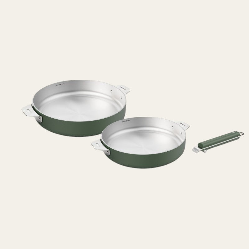 Lot de 2 poêles inox vertes La Merveilleuse Cookut avec poignée amovible, vendues par Du Bruit dans la Cuisine