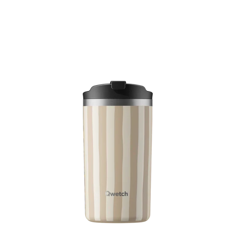 Mug isotherme Du Bruit dans la Cuisine Qwetch Allure Lin 350ml en inox à rayures beiges et couvercle noir étanche