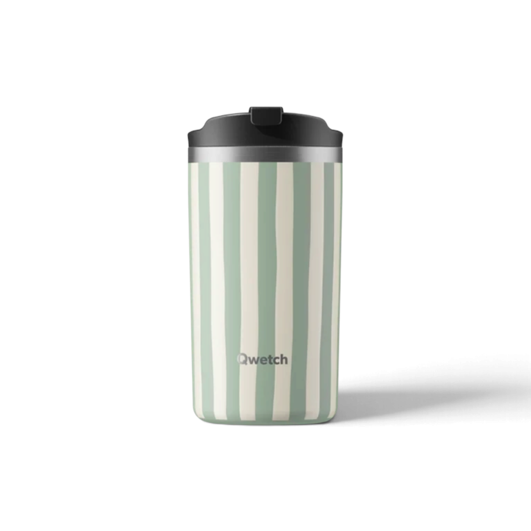 Mug isotherme Du Bruit dans la Cuisine Qwetch 350 ml en inox à rayures vert tilleul et blanc avec couvercle noir