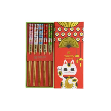 Coffret de 5 baguettes de 22.5 cm en bois Lucky Cat Tokyo Design